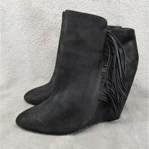 Charles David Bootie 8.5 Black Suede Fringe‎ Cowgirl Western Rocker Grunge Wedge
